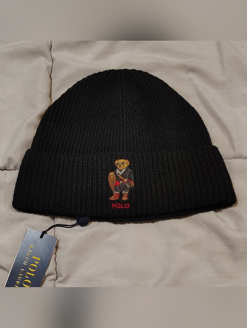 Polo by Ralph Lauren Black Knit Beanie with Embroidered Polo Bear NWT